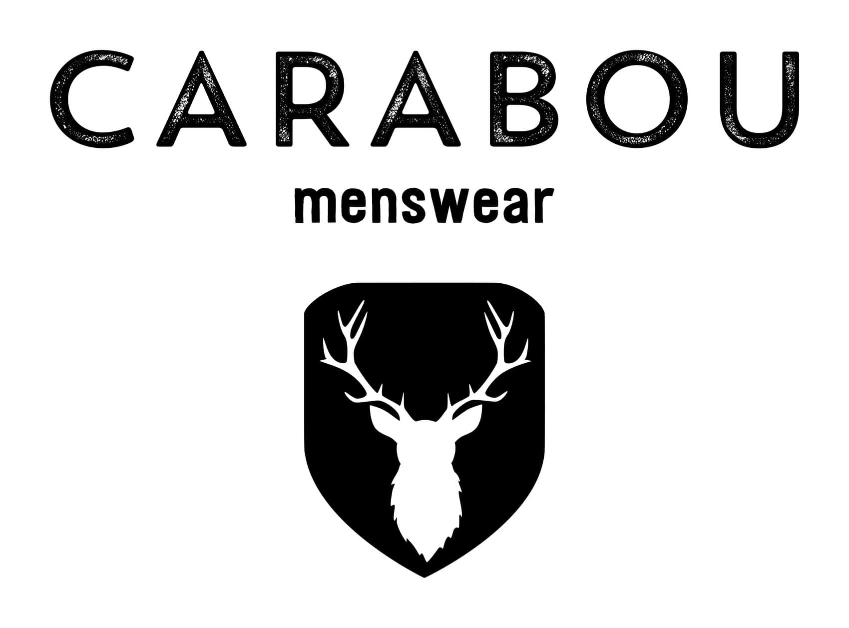 Carabou menswear logo featuring bold black text above a shield emblem with a white stag head on a light gray background.