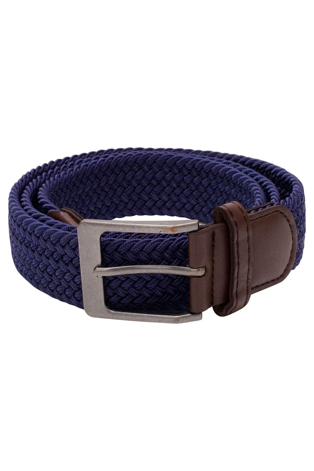 Braided navy stretch belt with brown leather trim and a brushed silver-tone buckle, displayed coiled on a light gray background.
